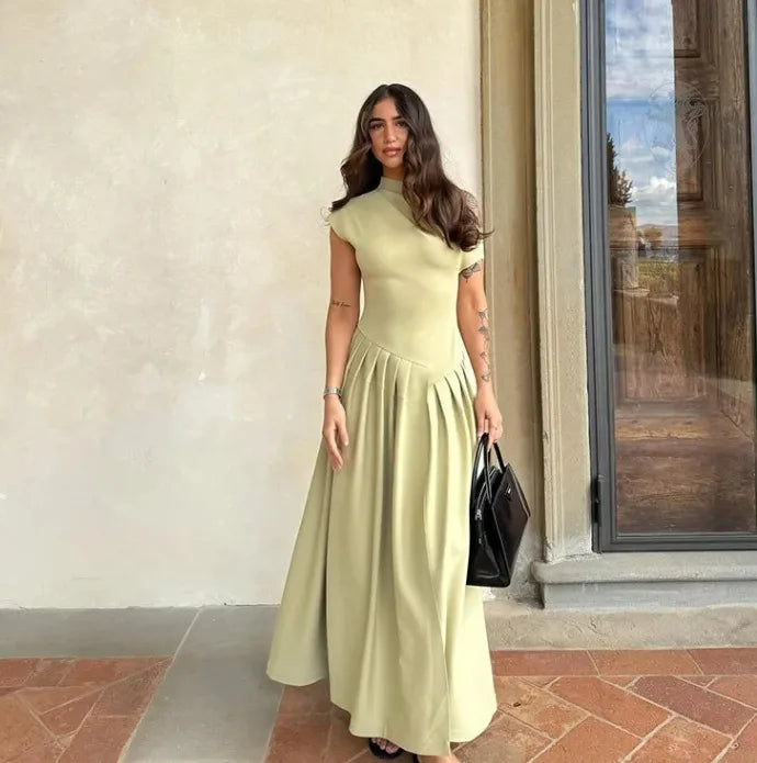 Vestido largo mujer con cuello alto y falda plisada - Mavetta