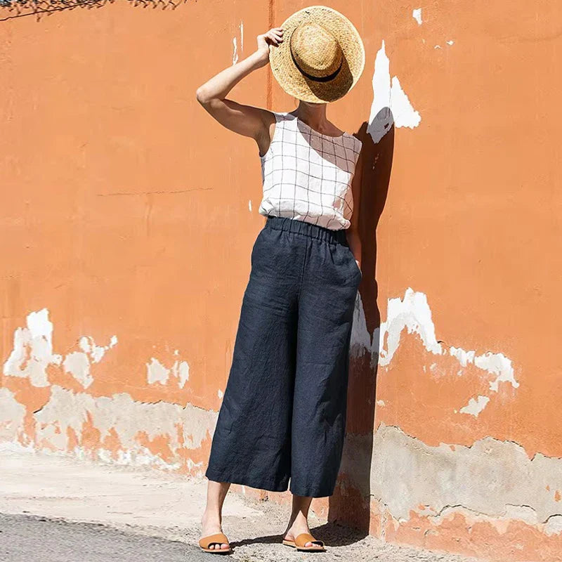 Pantalones Mujer de Lino Pierna Ancha Cintura Elástica Corte Tobillo