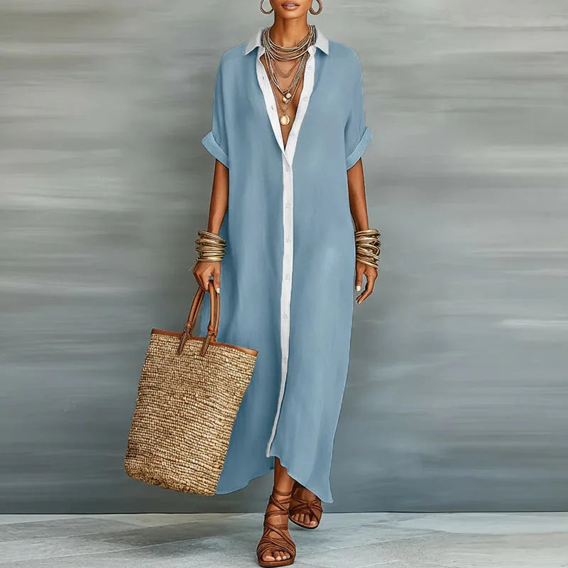 Vestido camisa mujer de lino largo estilo fresco verano
