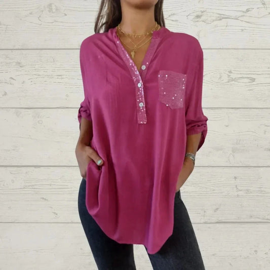 Blusa mujer casual con botones y detalles de lentejuelas - Mavetta