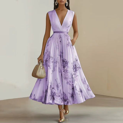 Vestido Largo Mujer Plisado Floral Escote en V
