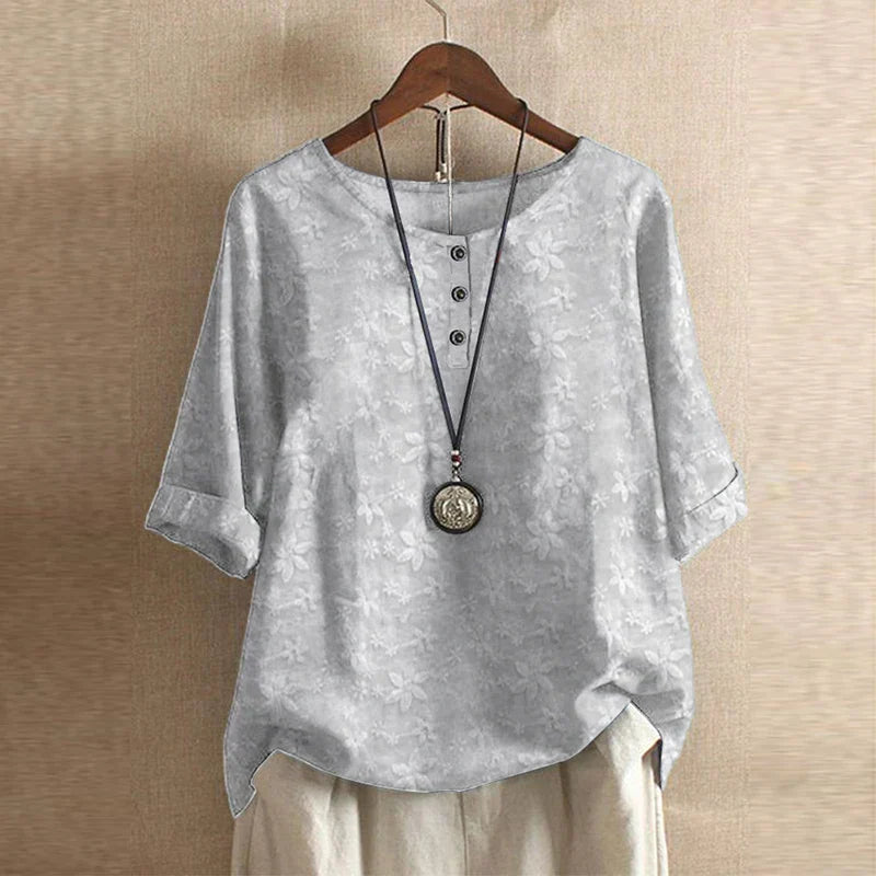 Blusa Mujer Estampada Cuello Redondo Botones Ajuste Retro