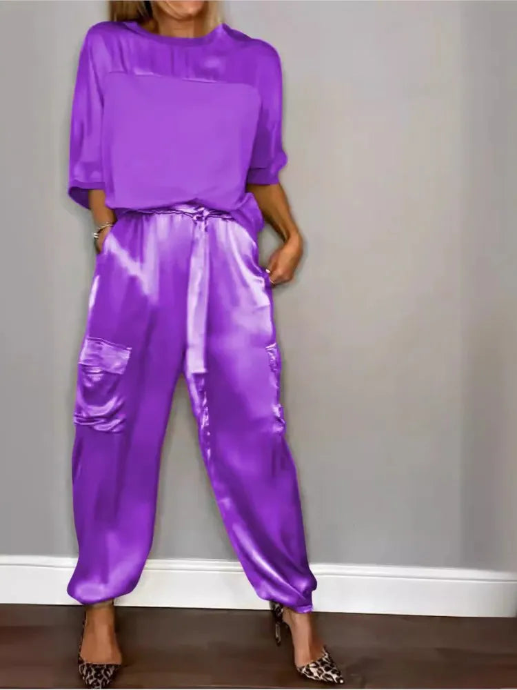 Conjunto Mujer Satén Suelto y Pantalón Cargo
