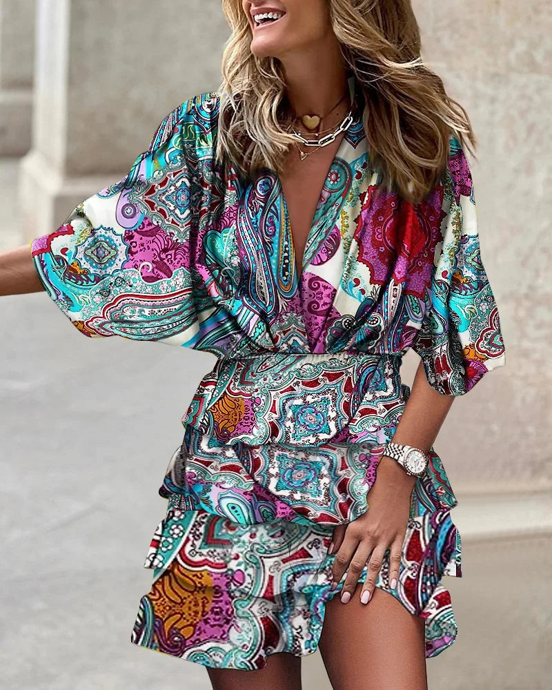 Vestido mini mujer con estampado bohemio y volantes