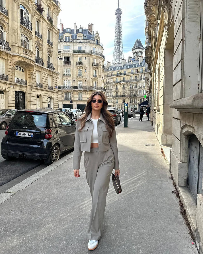 Conjunto Mujer Chaqueta y Pantalón Pierna Ancha Elegante