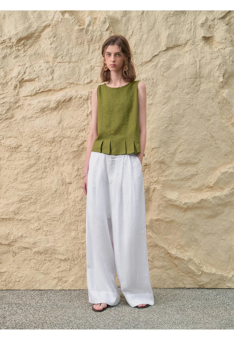 Pantalones Mujer de Lino Pierna Ancha Cintura Alta Elástica