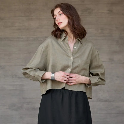 Sobrecamisa Mujer de Lino Corte Oversize Cuello en V y Botones