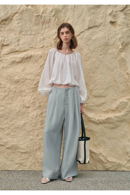 Pantalones Mujer de Lino Pierna Ancha Cintura Alta Elástica