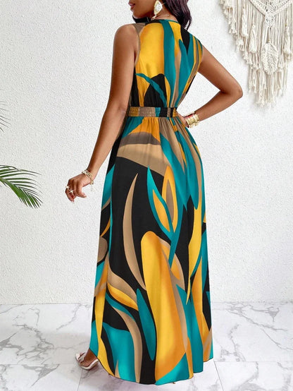 Vestido maxi mujer con cuello en V y estampado abstracto