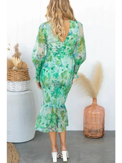 Vestido midi mujer Escote en V Mangas abullonadas