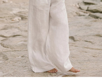 Pantalones Mujer de Lino Pierna Ancha Cintura Elástica Lazo