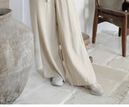 Pantalones Mujer de Lino Pierna Ancha Cintura Elástica Lazo