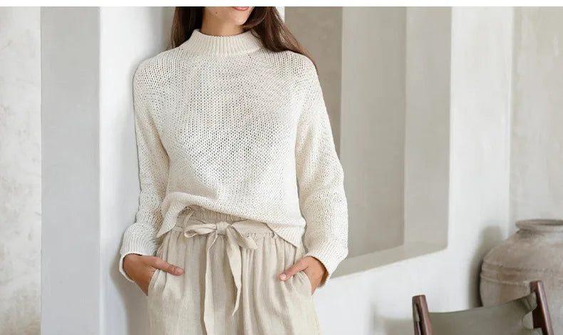 Pantalones Mujer de Lino Pierna Ancha Cintura Elástica Lazo
