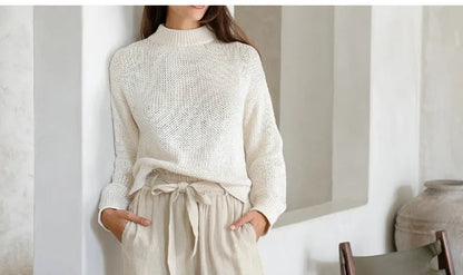 Pantalones Mujer de Lino Pierna Ancha Cintura Elástica Lazo