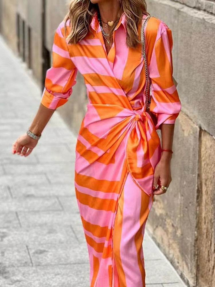 Vestido Midi Mujer Cruzado Manga Tres Cuartos Geométrico