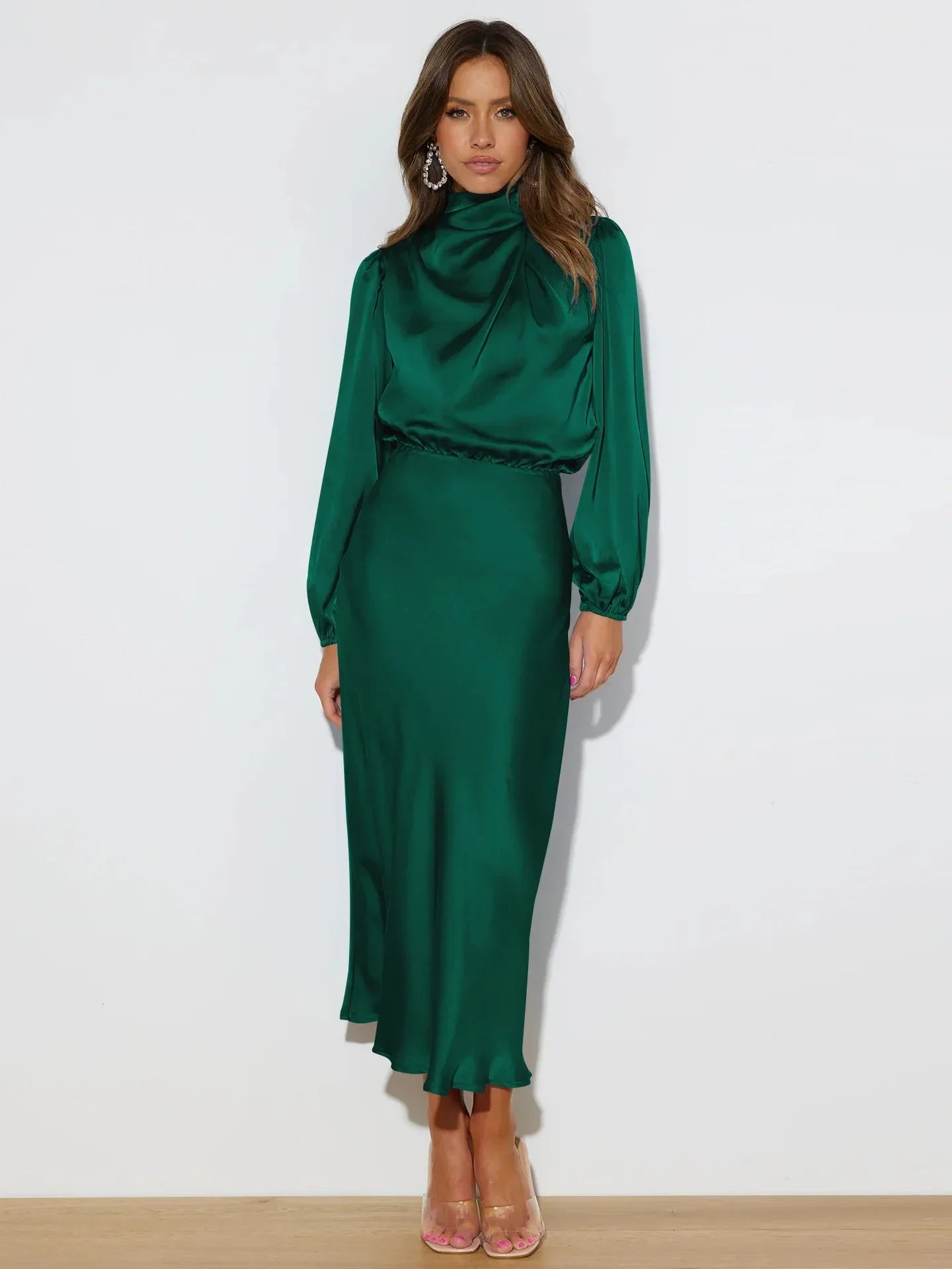 Vestido midi mujer Cuello alto Mangas largas