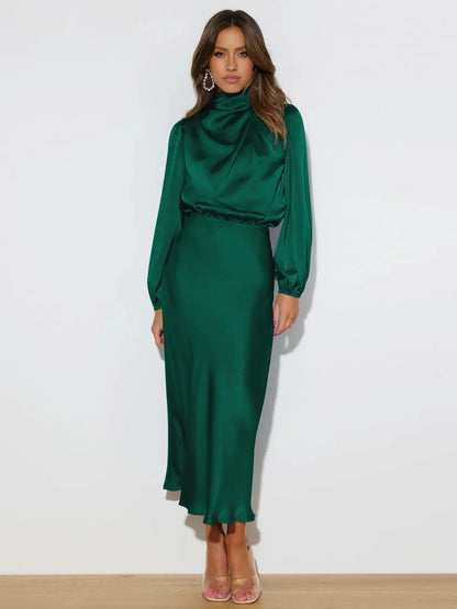 Vestido midi mujer Cuello alto Mangas largas
