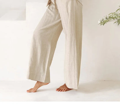 Pantalones Mujer de Lino Pierna Ancha Cintura Elástica Lazo