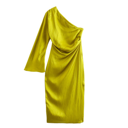 Vestido Mujer Satinado de Un Solo Hombro Ajustado