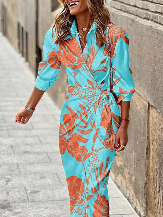 Vestido Midi Mujer Cruzado Manga Tres Cuartos Geométrico - Mavetta