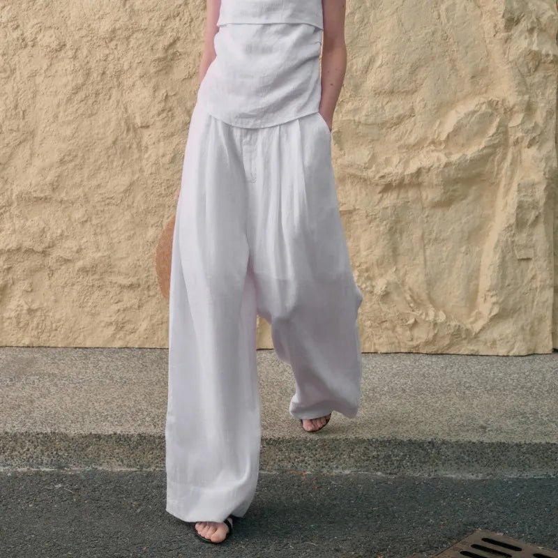 Pantalones Mujer de Lino Pierna Ancha Cintura Alta Elástica