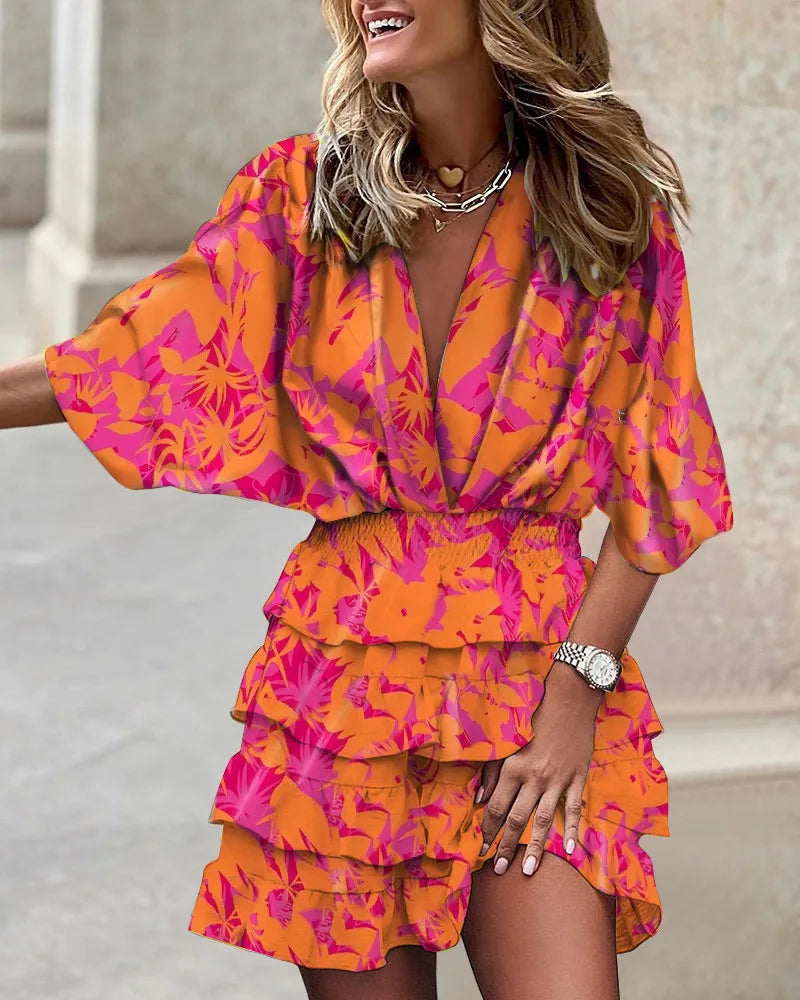 Vestido mini mujer con estampado bohemio y volantes