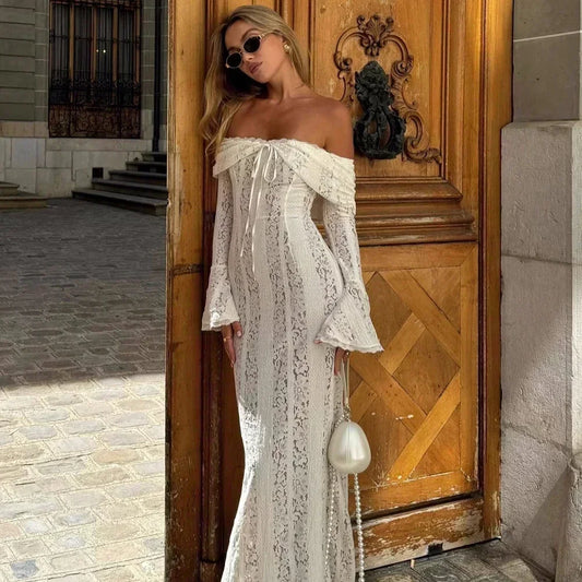 Vestido maxi mujer con hombros descubiertos y mangas largas - Mavetta