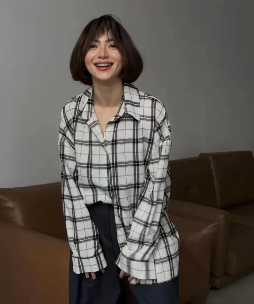 Camisa mujer de franela cuadros manga larga botones bolsillos