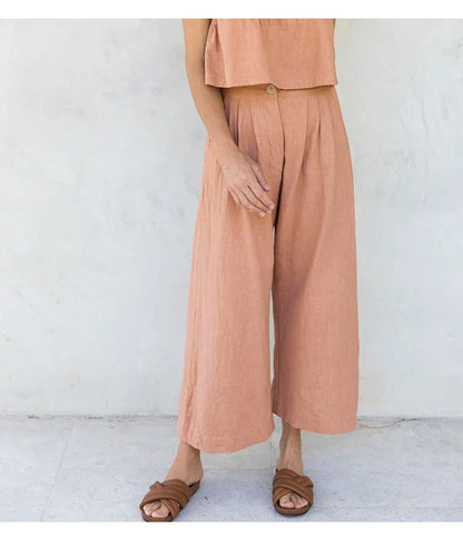 Culottes Mujer de Lino Talle Alto y Pliegues Frontales