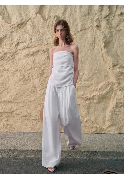 Pantalones Mujer de Lino Pierna Ancha Cintura Alta Elástica