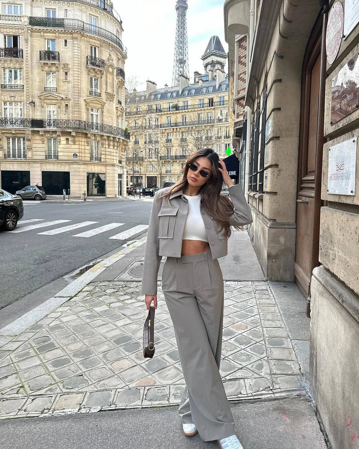 Conjunto Mujer Chaqueta y Pantalón Pierna Ancha Elegante