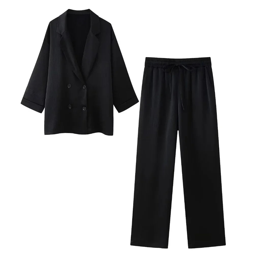 Conjunto Mujer Blazer Cruzado y Pantalón Palazzo Fluido