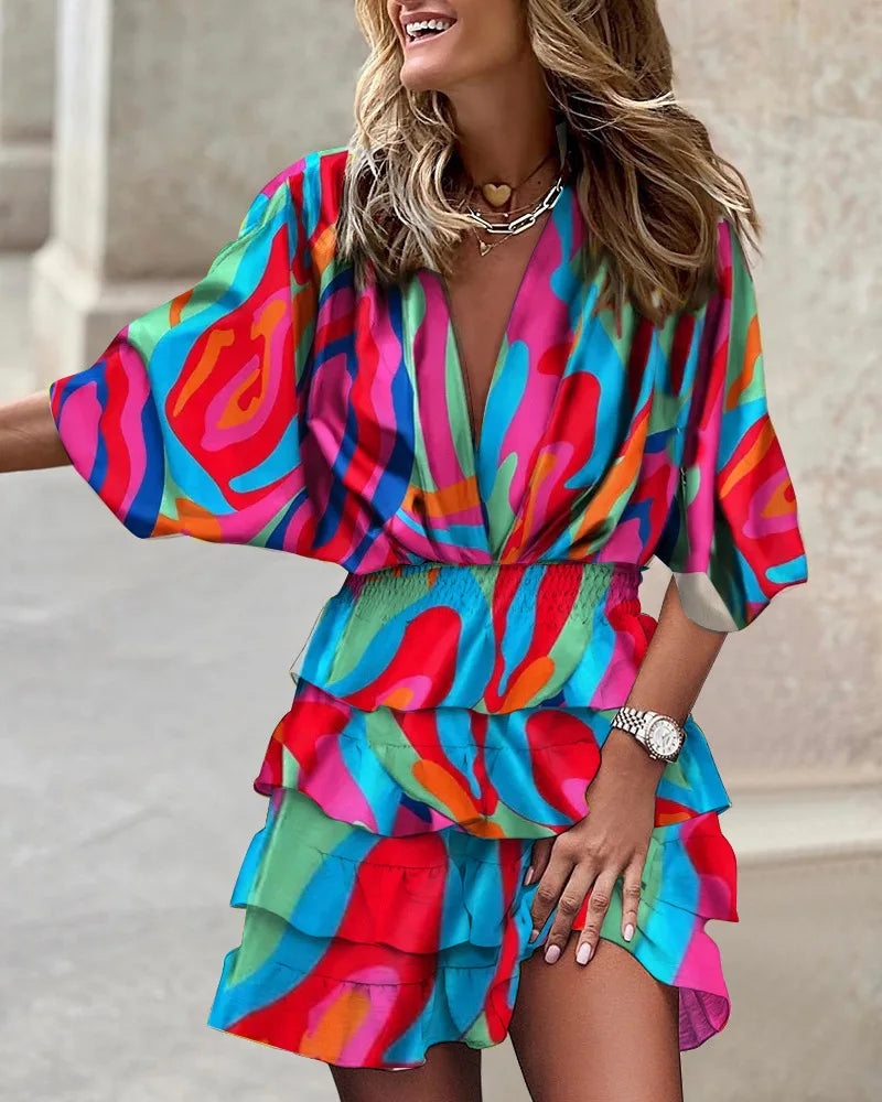 Vestido mini mujer con estampado bohemio y volantes