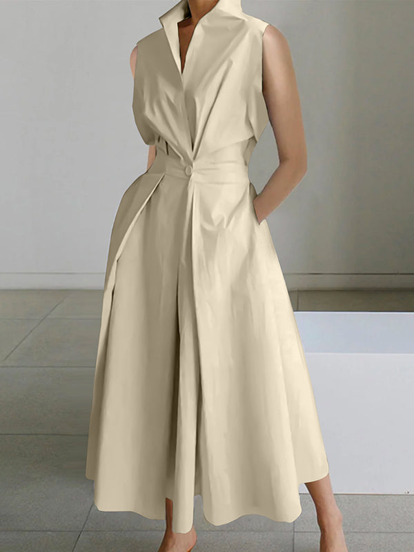 Vestido midi Mujer cuello camisero sin mangas
