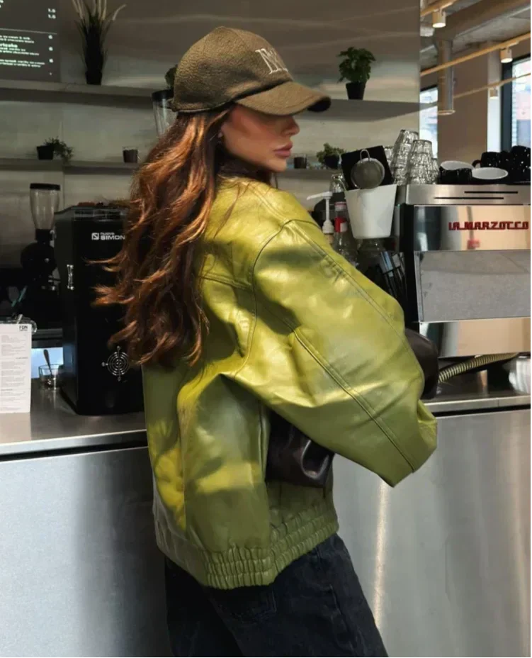 Chaqueta Corta Mujer Efecto Cuero Cuello Solapa Cremallera