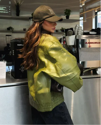 Chaqueta Corta Mujer Efecto Cuero Cuello Solapa Cremallera