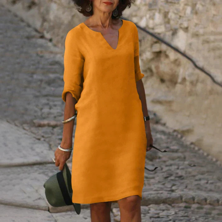 Vestido midi mujer con escote en V y manga larga elegante