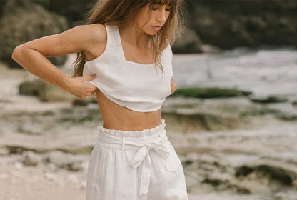 Pantalones Mujer de Lino Pierna Ancha Cintura Elástica Lazo