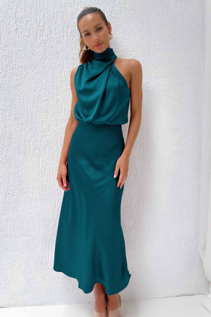 Vestido noche Mujer cuello halter corte fluido