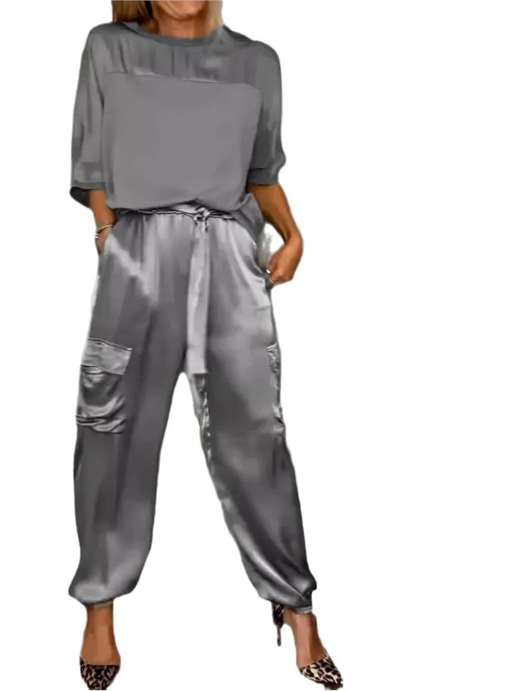 Conjunto Mujer Satén Suelto y Pantalón Cargo