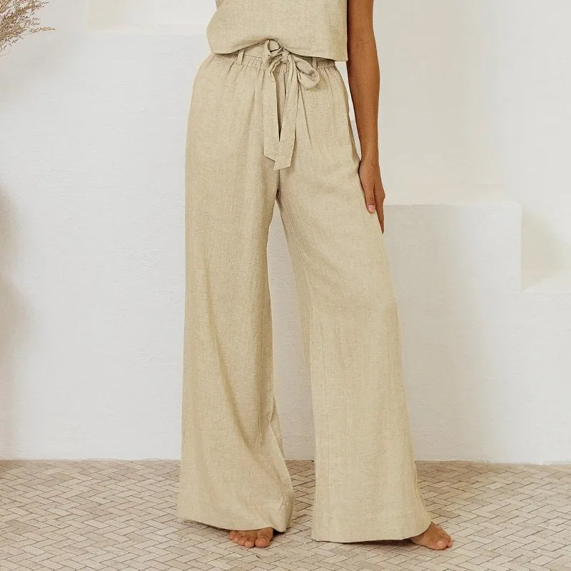 Pantalones Mujer de Lino Pierna Ancha Cintura Elástica Lazo