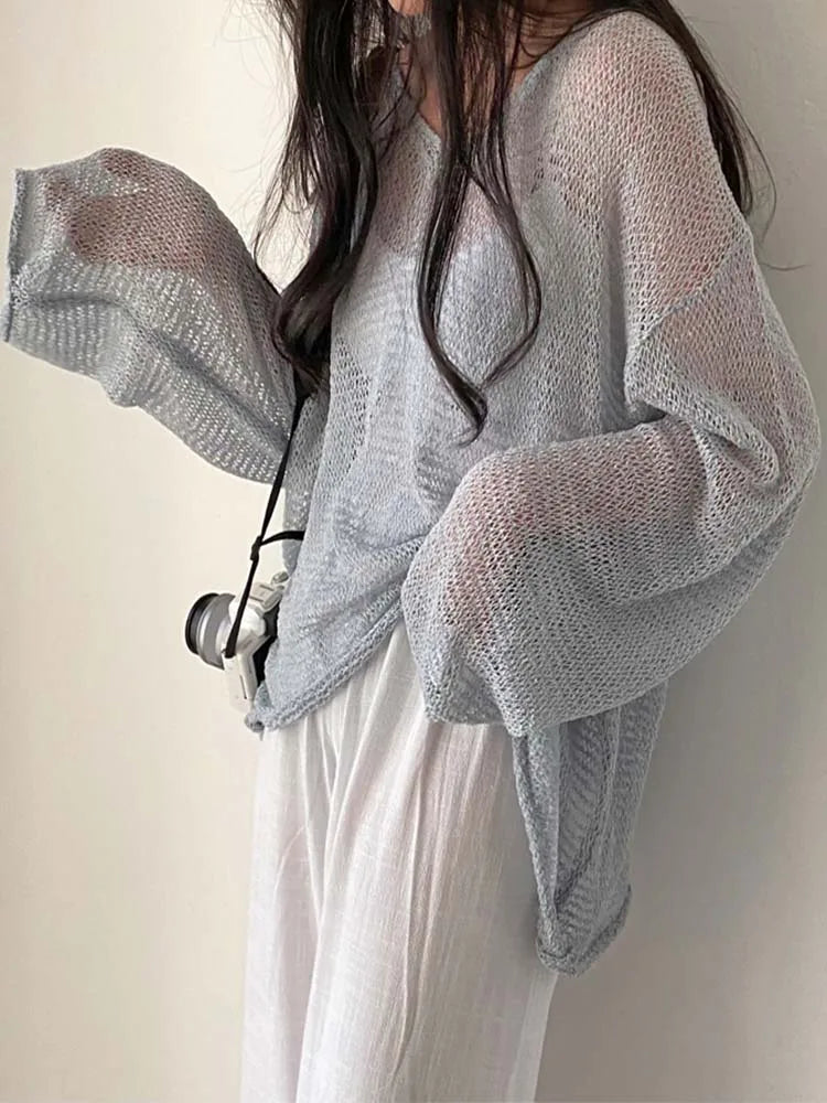 Suéter mujer de punto manga larga cortes estilo streetwear