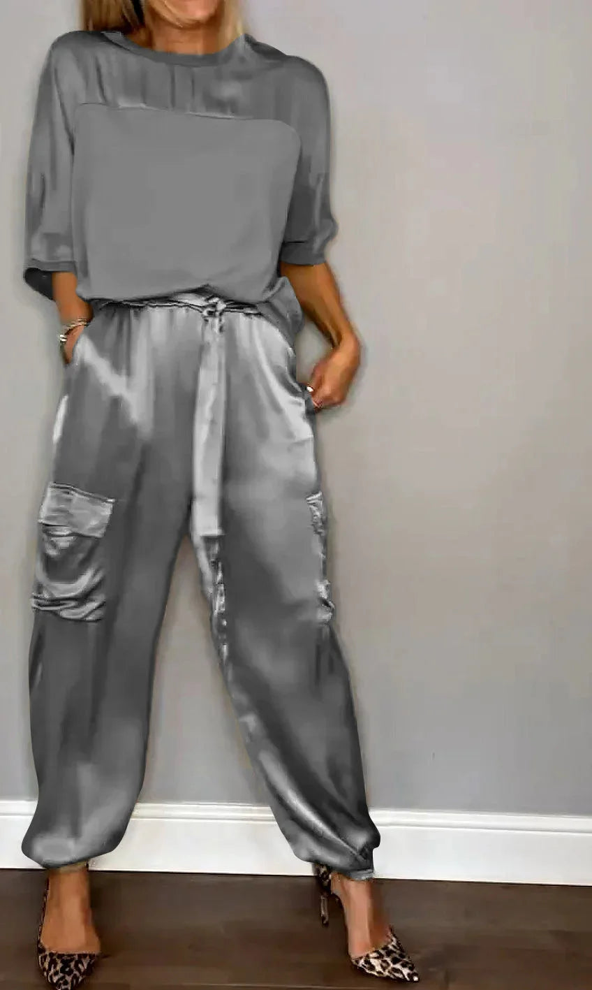 Conjunto Mujer Satén Suelto y Pantalón Cargo