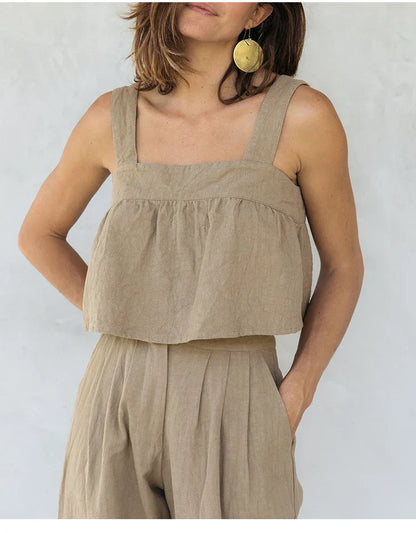 Culottes Mujer de Lino Talle Alto y Pliegues Frontales