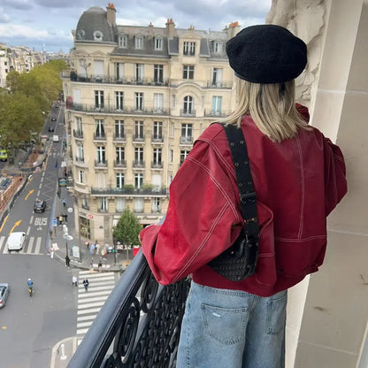 Chaqueta Bomber Mujer Efecto Cuero Oversize Costuras Decorativas