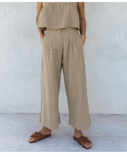 Culottes Mujer de Lino Talle Alto y Pliegues Frontales