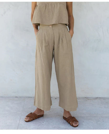 Culottes Mujer de Lino Talle Alto y Pliegues Frontales