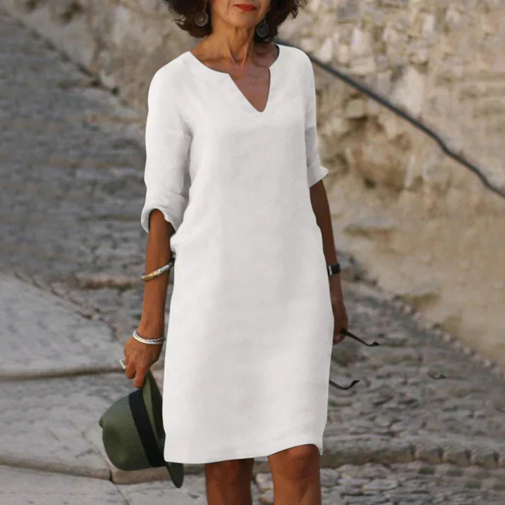 Vestido midi mujer con escote en V y manga larga elegante