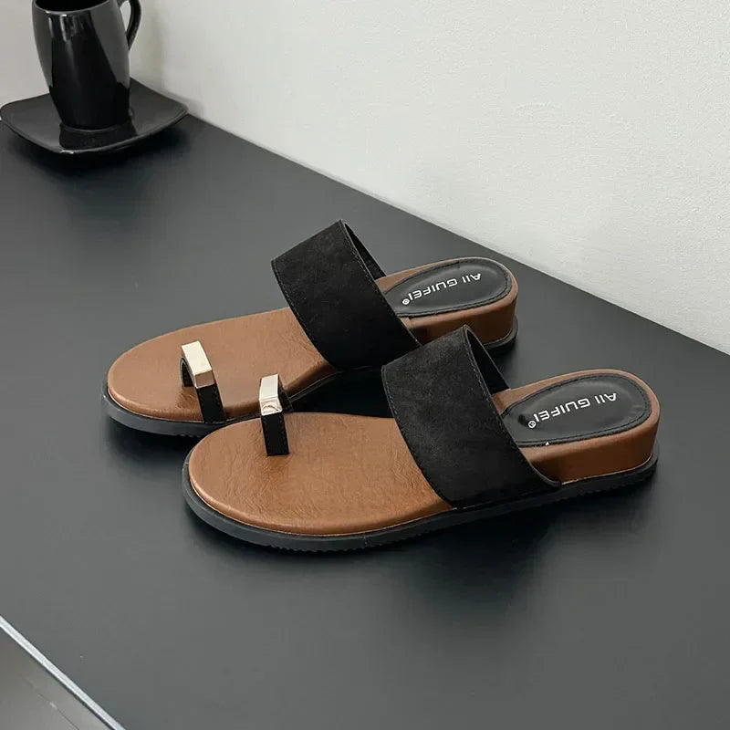 Sandalias Mujer de Piel Ante con Detalle de Anillo