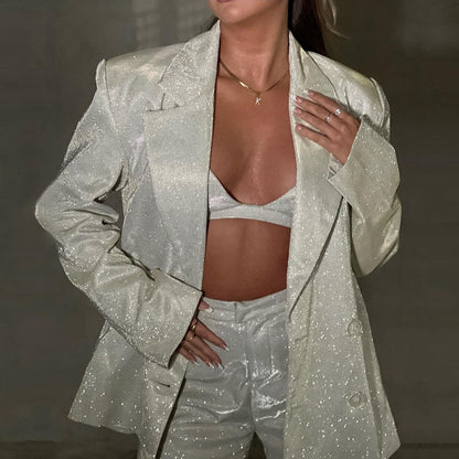 Conjunto Mujer Blazer Oversize y Pantalón Brillante Ajuste Relax